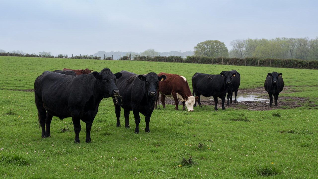 Beef cattle standing in a green pasture, shown as an illustration of cattle raising.